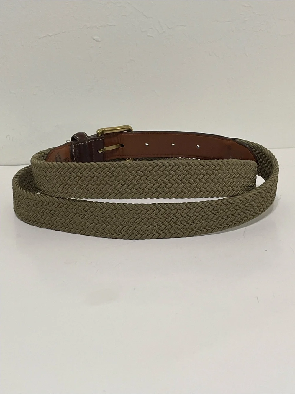 VTG Lands End Olive Green Stretch Belt Leather Trim Solid Brass Buckle Size 44